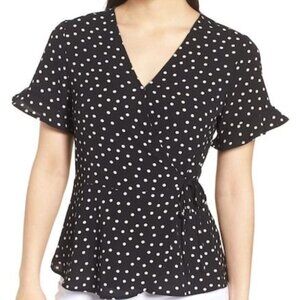 Women Bobeau Short Sleeve Crepe Faux Wrap Polka Dot Top in Black White Medium